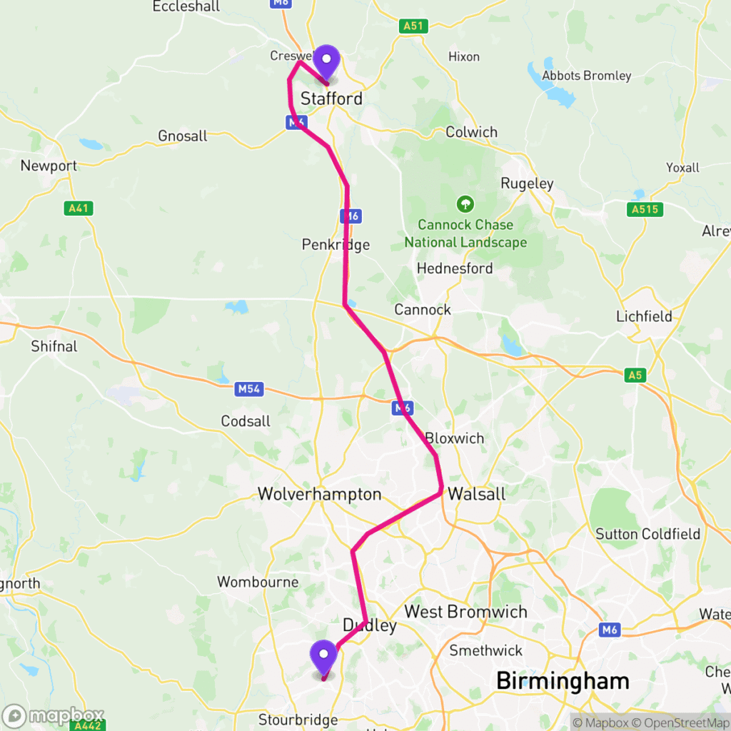 Map of the driving route from DY5 to ST16