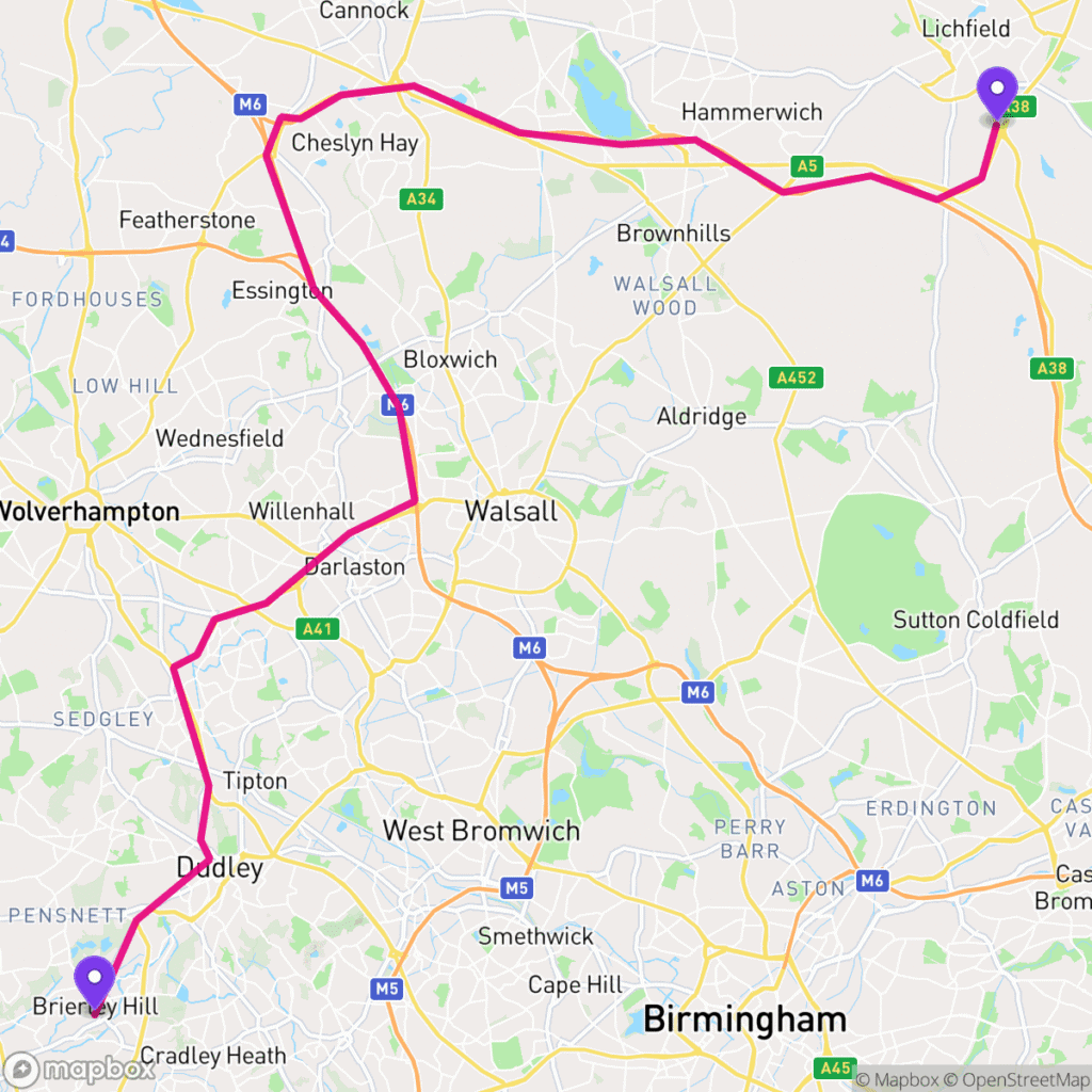 Map of the driving route from DY5 to WS14